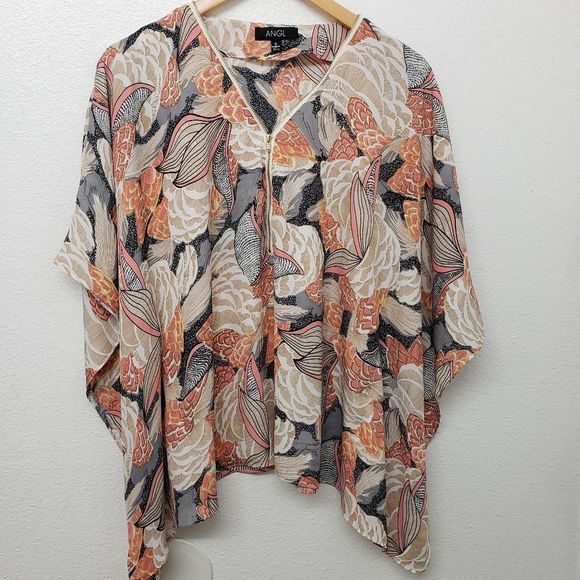 Angl Tropical Flower Print Half Zip Flowy Blouse Size S - Picture 1 of 7